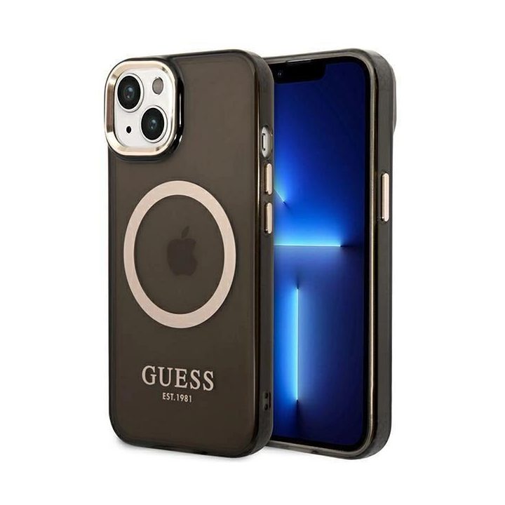 Guess GUHMP14MHTCMK iPhone 14 Plus 6.7 juodos/juodos spalvos deklas Gold Outline Translucent MagSafe