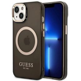 Guess GUHMP14SHTCMK iPhone 14 6.1 juodos/juodos spalvos deklas Auksinis kontūras Peršviečiamas MagSafe