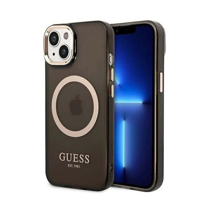 Guess GUHMP14SHTCMK iPhone 14 6.1 juodos/juodos spalvos deklas Auksinis kontūras Peršviečiamas MagSafe