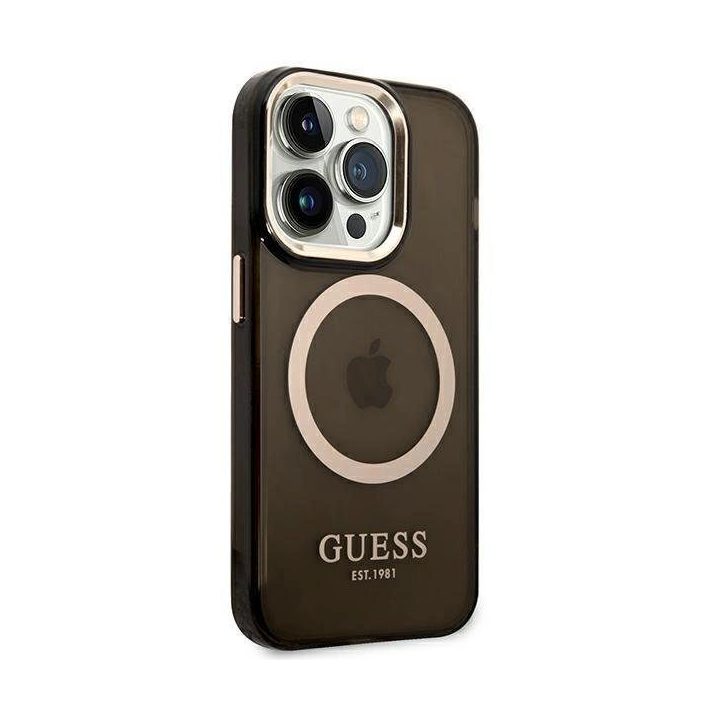 Guess GUHMP14XHTCMK iPhone 14 Pro Max 6.7 juodos/juodos spalvos deklas Gold Outline Translucent MagSafe