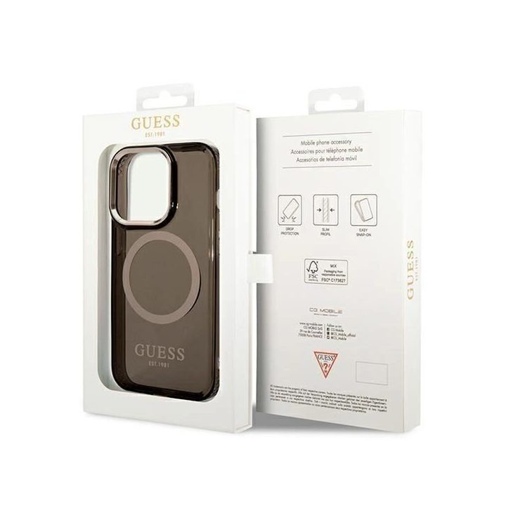 Guess GUHMP14XHTCMK iPhone 14 Pro Max 6.7 juodos/juodos spalvos deklas Gold Outline Translucent MagSafe