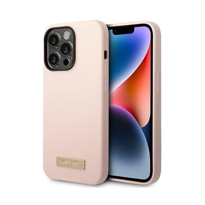 Guess GUHMP14XSBPLP iPhone 14 Pro Max 6.7 rožinės/rožinės spalvos deklas Silikoninis logotipas MagSafe plokštelė