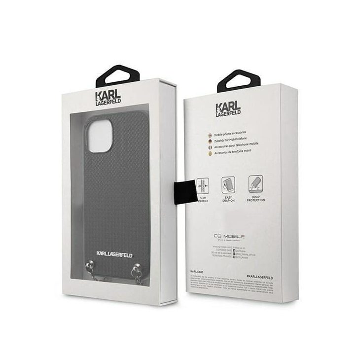 Karl Lagerfeld KLHCP13SPMK iPhone 13 mini 5,4 deklas juodas / juodas Tekstūruota oda su grandinėle