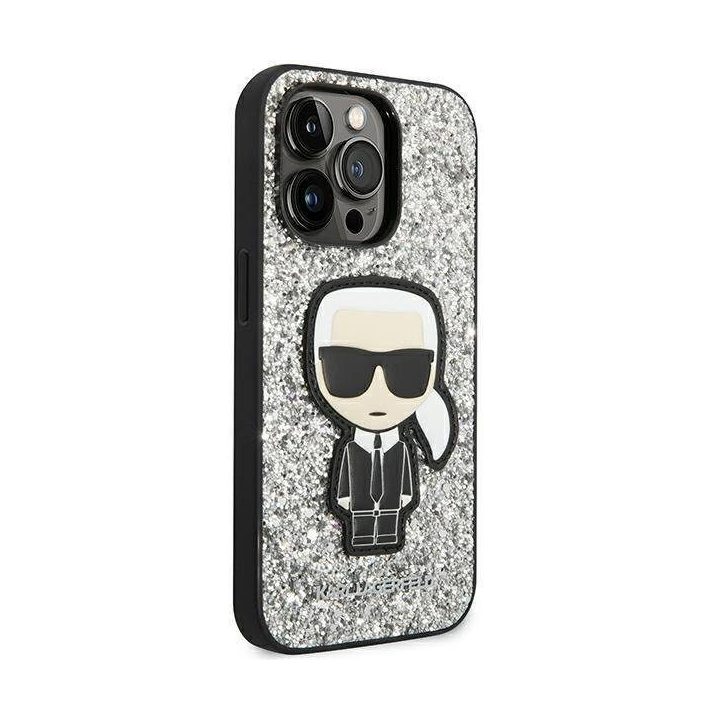 Karl Lagerfeld KLHCP14LGFKPG iPhone 14 Pro 6.1 deklas sidabrinis / sidabrinis Glitter Flakes Ikonik