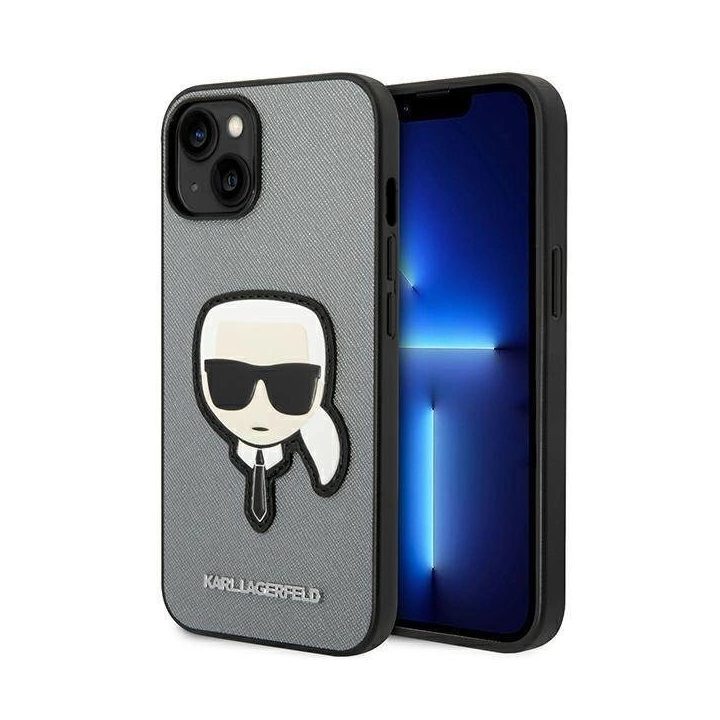 Karl Lagerfeld KLHCP14SSAPKHG iPhone 14 6,1 sidabrinis/ sidabrinis deklas Saffiano Karl's Head Patch