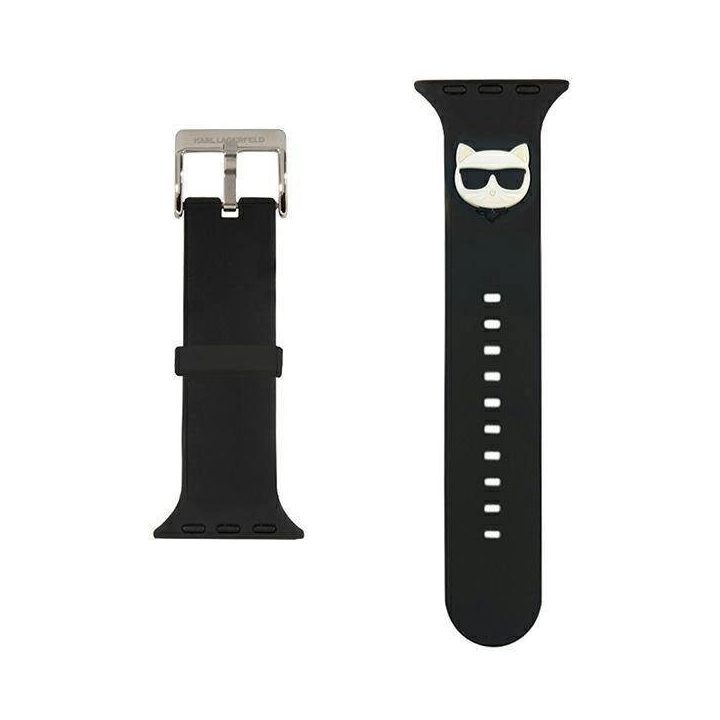 Karl Lagerfeld KLAWLSLCK Apple Watch dirželis 42/44 / 45 mm juodas / juodas dirželis Silikoninis Choupette Heads