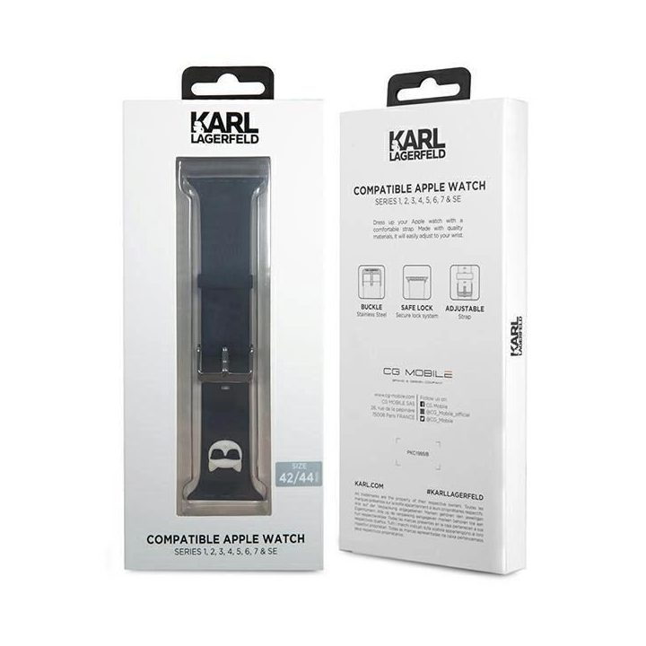 Karl Lagerfeld KLAWLSLCK Apple Watch dirželis 42/44 / 45 mm juodas / juodas dirželis Silikoninis Choupette Heads