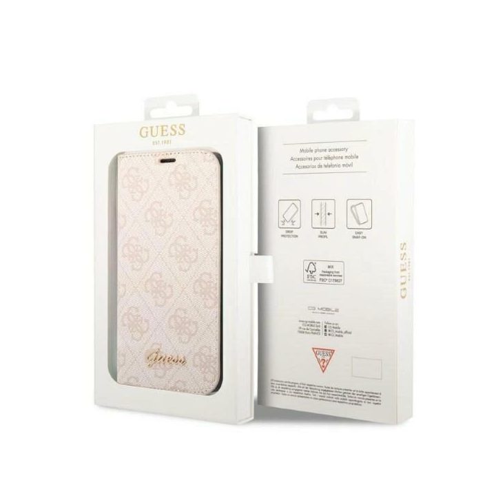 Guess GUBKP14LHG4SHP iPhone 14 Pro 6.1 rožinė / rožinė knyga 4G Vintage Gold Logo