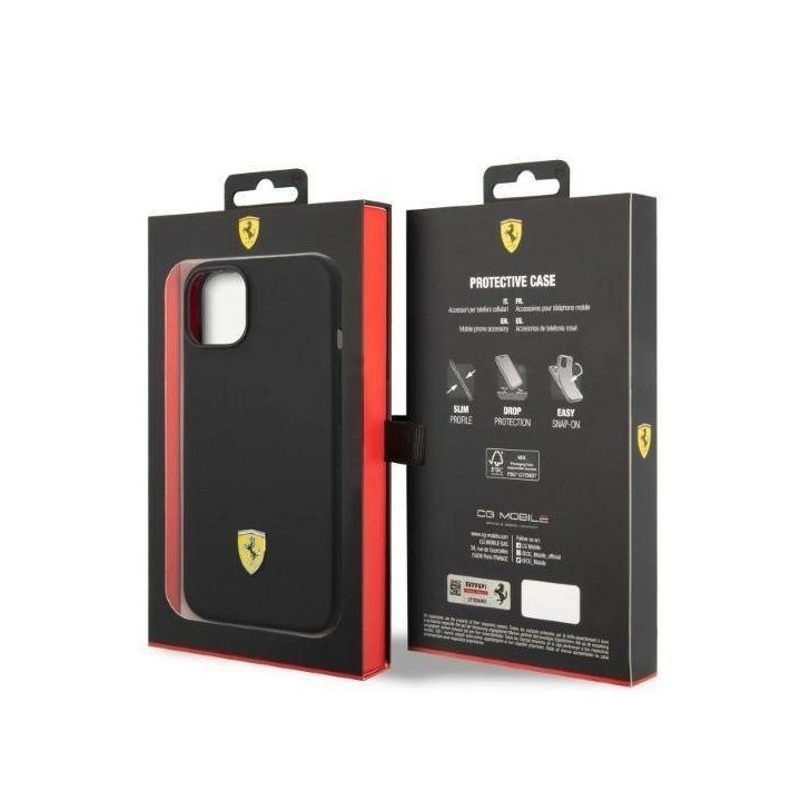 Ferrari FEHMSIP14SBK iPhone 14 6.1 juodos/juodos spalvos deklas Silikonas Metalinis logotipas Magsafe