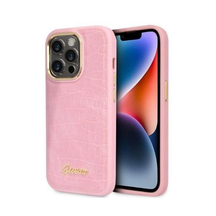 Guess Croco Collection dėklas iPhone 14 Pro - rožinis