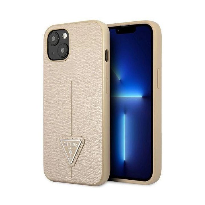 Guess GUHCP14MPSATLE iPhone 14 Plus 6.7 Smėlio spalvos/Smėlio spalvos deklas SaffianoTriangle Logo