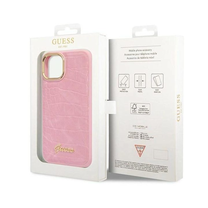 Guess Croco Collection dėklas iPhone 14 - rožinis