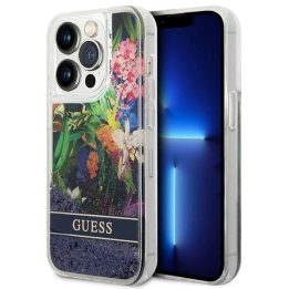 Guess Flower Liquid Glitter dėklas iPhone 14 Pro Max - mėlynas