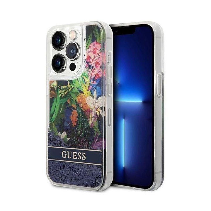 Guess Flower Liquid Glitter dėklas iPhone 14 Pro Max - mėlynas