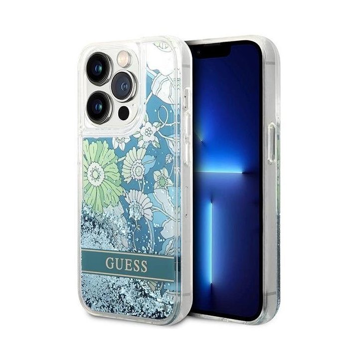 Guess Flower Liquid Glitter blizgučiai ant iPhone 14 Pro Max - nuotraukos