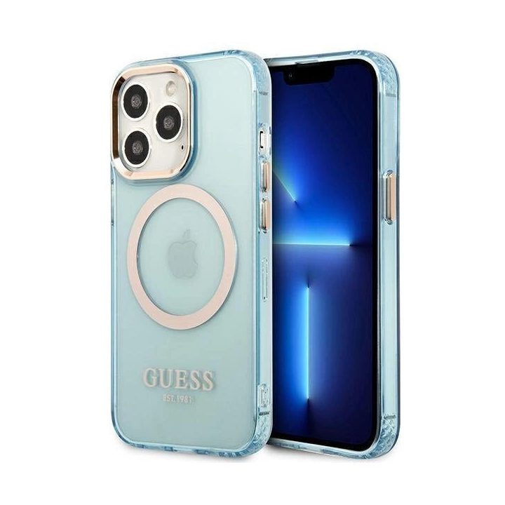 Guess Gold Outline permatomas MagSafe dėklas iPhone 13 Pro / iPhone 13 - mėlynas