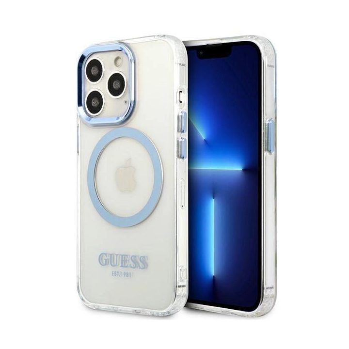 Guess metalinių kontūrų MagSafe dėklas iPhone 13 Pro / iPhone 13 - mėlynas