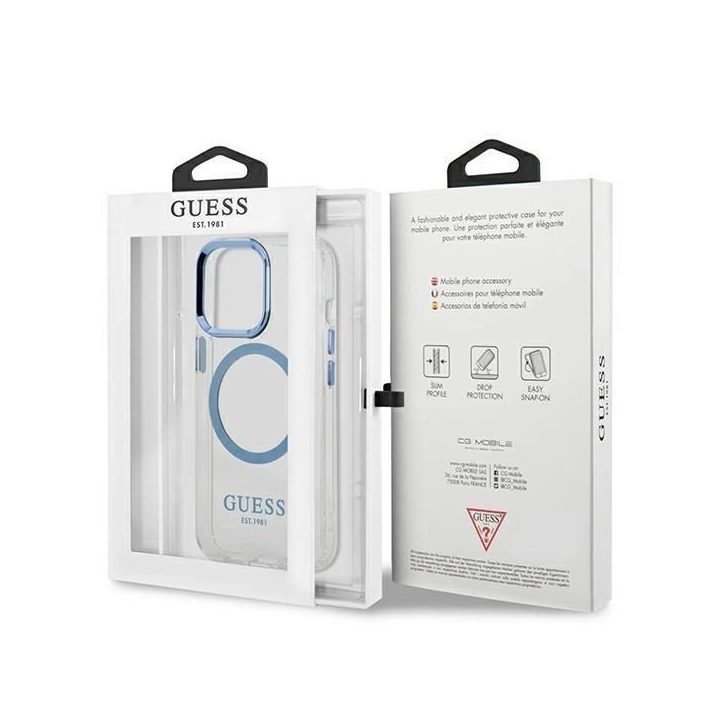 Guess metalinių kontūrų MagSafe dėklas iPhone 13 Pro / iPhone 13 - mėlynas