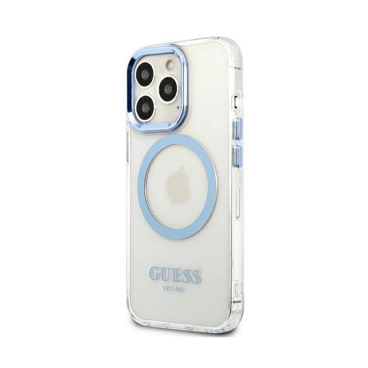 Guess metalinių kontūrų MagSafe dėklas iPhone 13 Pro / iPhone 13 - mėlynas