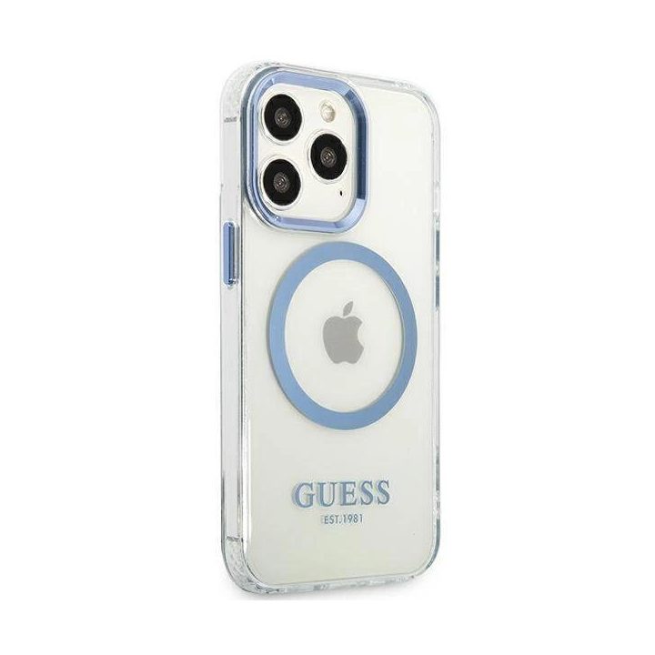 Guess metalinių kontūrų MagSafe dėklas iPhone 13 Pro / iPhone 13 - mėlynas