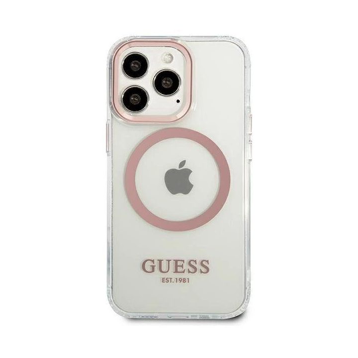 Guess metalinių kontūrų MagSafe dėklas iPhone 13 Pro / iPhone 13 - rožinis