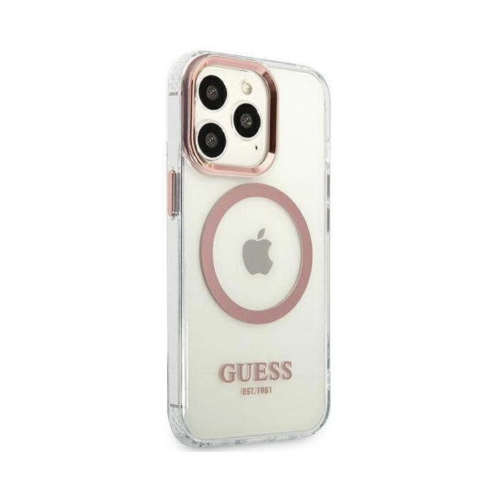 Guess metalinių kontūrų MagSafe dėklas iPhone 13 Pro / iPhone 13 - rožinis