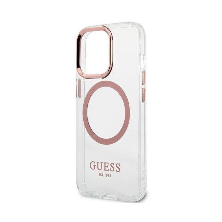 Guess metalinių kontūrų MagSafe dėklas iPhone 13 Pro / iPhone 13 - rožinis