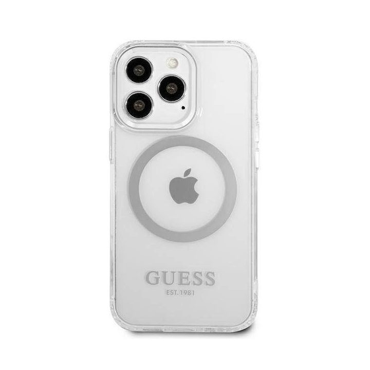 Guess metalinių kontūrų MagSafe dėklas iPhone 13 Pro / iPhone 13 - Sidabrinis