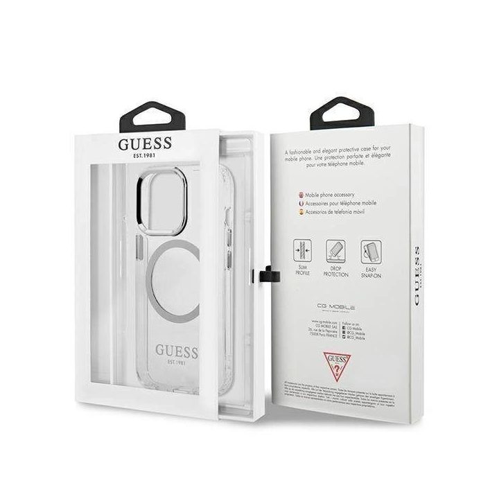 Guess metalinių kontūrų MagSafe dėklas iPhone 13 Pro / iPhone 13 - Sidabrinis