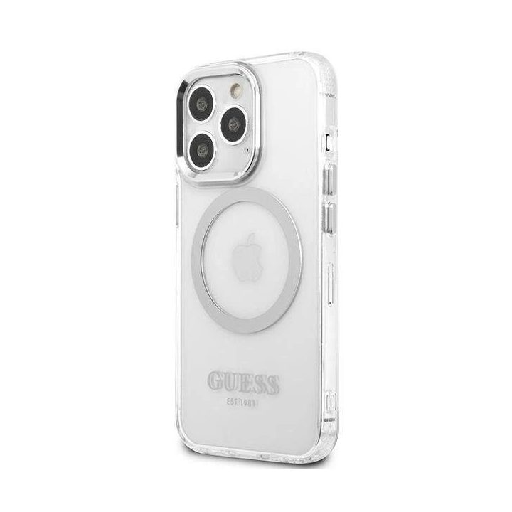 Guess metalinių kontūrų MagSafe dėklas iPhone 13 Pro / iPhone 13 - Sidabrinis