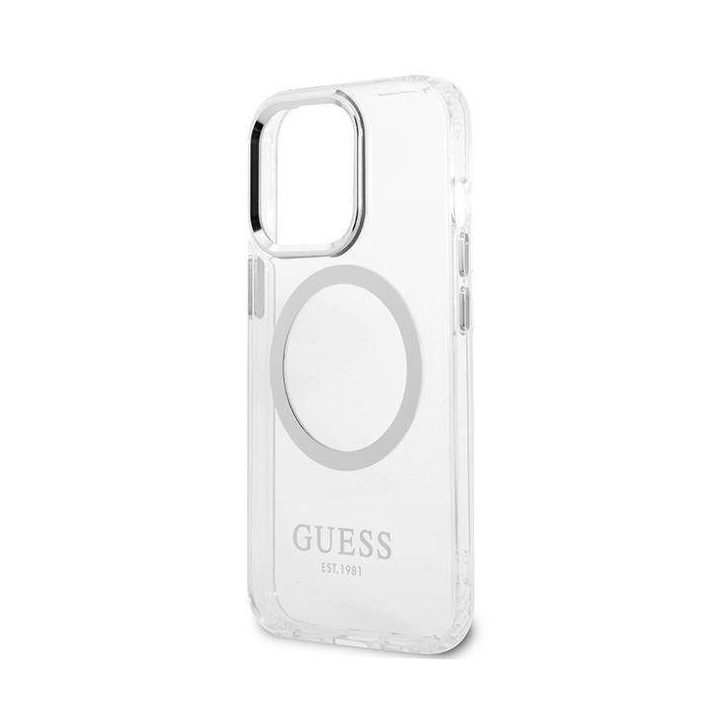 Guess metalinių kontūrų MagSafe dėklas iPhone 13 Pro / iPhone 13 - Sidabrinis