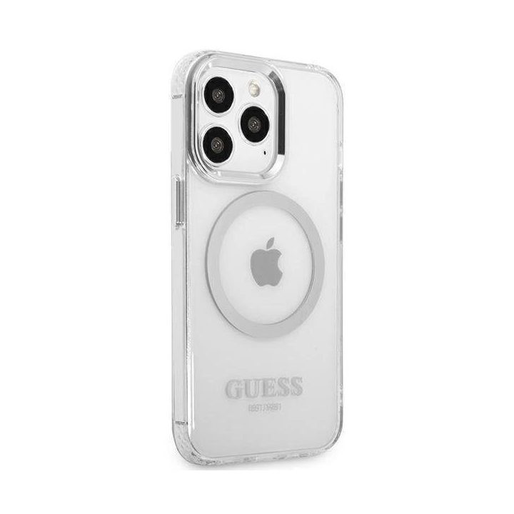 Guess metalinių kontūrų MagSafe dėklas iPhone 13 Pro / iPhone 13 - Sidabrinis