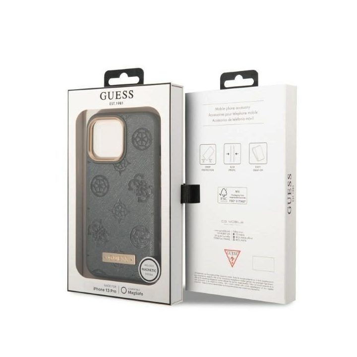 Guess GUHMP13LSAPSTG iPhone 13 Pro / 13 6.1 pilkos/pilkos spalvos deklas Peony Logo Plate MagSafe