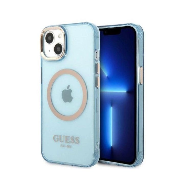 Guess Gold Outline permatomas MagSafe dėklas iPhone 13 - mėlynas