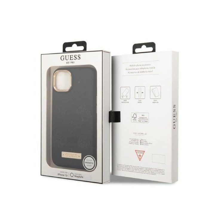 Guess GUHMP13MSAPSTK iPhone 13 6.1 juodos/juodos spalvos deklas Peony Logo Plate MagSafe
