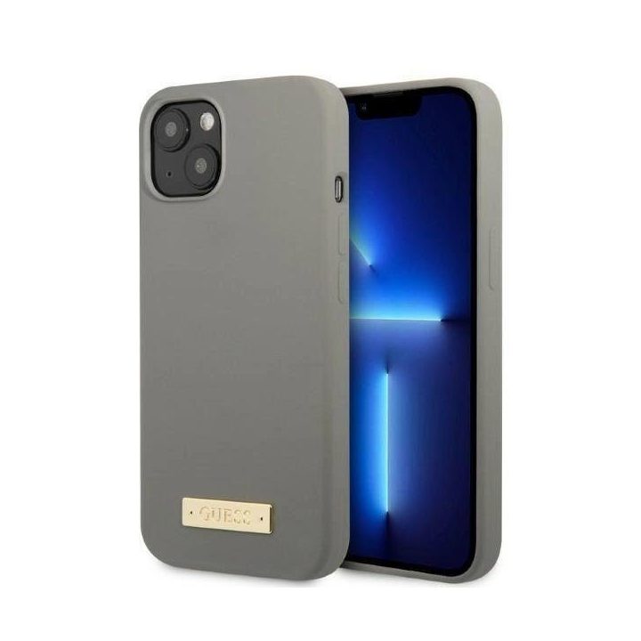 Guess GUHMP13MSPLG iPhone 13 6.1 pilkos/pilkos spalvos deklas Silikoninis logotipas MagSafe plokštelė