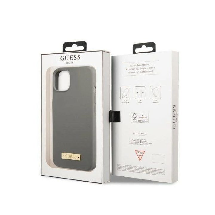Guess GUHMP13MSPLG iPhone 13 6.1 pilkos/pilkos spalvos deklas Silikoninis logotipas MagSafe plokštelė