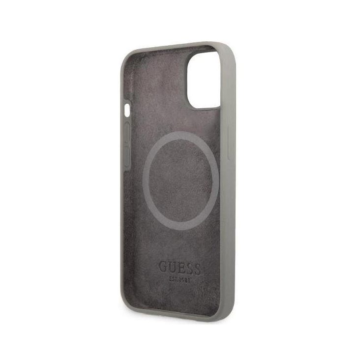 Guess GUHMP13MSPLG iPhone 13 6.1 pilkos/pilkos spalvos deklas Silikoninis logotipas MagSafe plokštelė