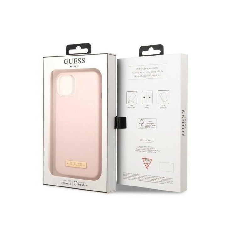 Guess GUHMP13SSBPLP iPhone 13 mini 5.4 rožinės/rožinės spalvos deklas Silikono logotipas MagSafe plokštelė