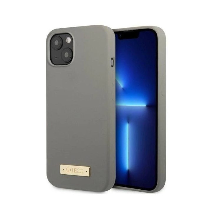Guess GUHMP13SSPLG iPhone 13 mini 5.4 pilkos/pilkos spalvos deklas Silikoninė logotipo plokštelė MagSafe