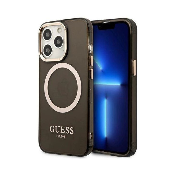 Guess Gold Outline Translucent MagSafe saugiklis iPhone 13 Pro Max - juodos spalvos