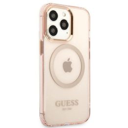 Guess Gold Outline permatomas MagSafe dėklas iPhone 13 Pro Max - rožinis