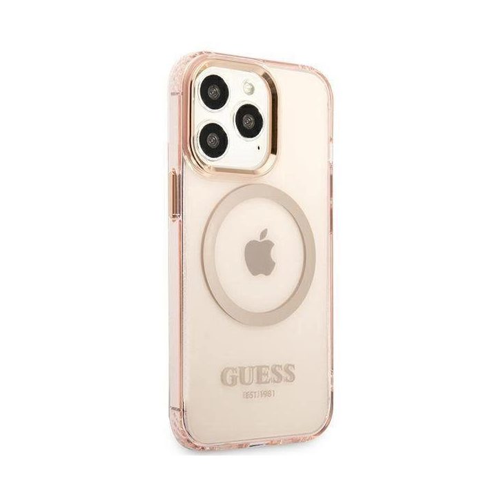 Guess Gold Outline permatomas MagSafe dėklas iPhone 13 Pro Max - rožinis