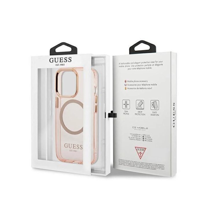 Guess Gold Outline permatomas MagSafe dėklas iPhone 13 Pro Max - rožinis