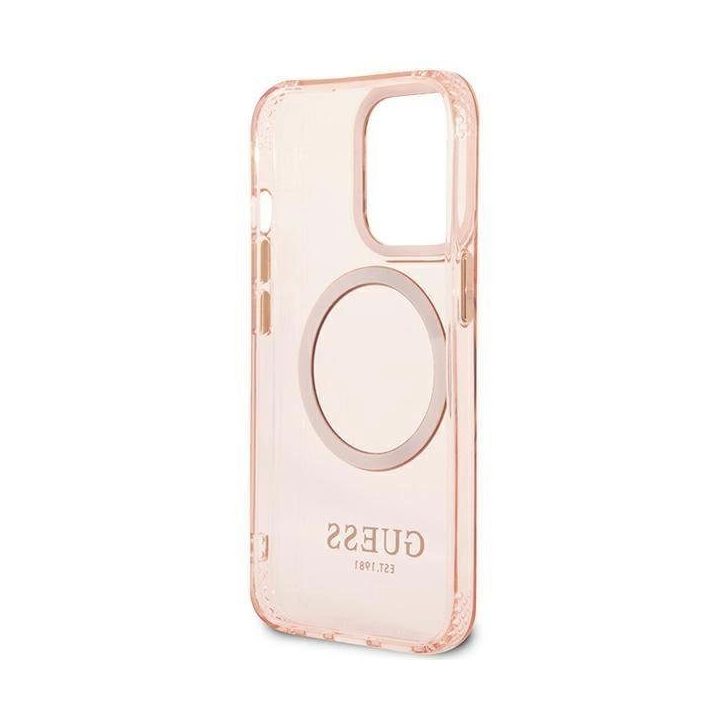 Guess Gold Outline permatomas MagSafe dėklas iPhone 13 Pro Max - rožinis