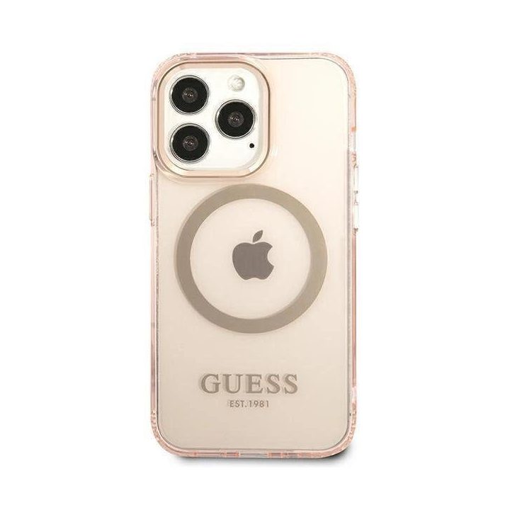 Guess Gold Outline permatomas MagSafe dėklas iPhone 13 Pro Max - rožinis