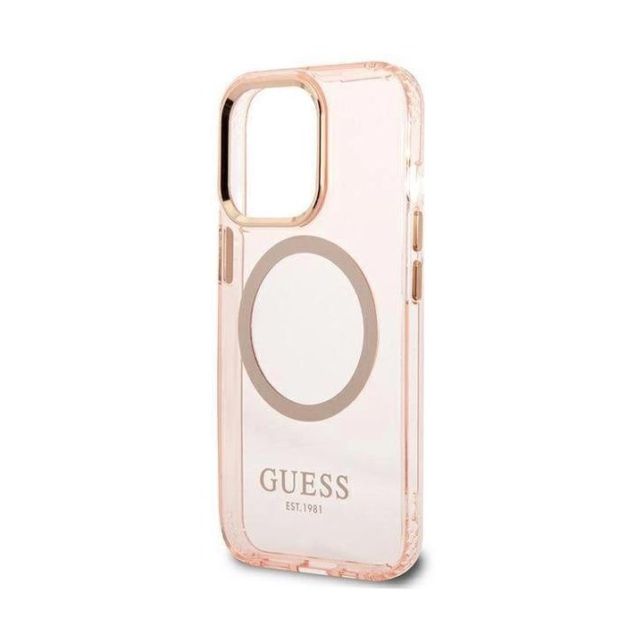 Guess Gold Outline permatomas MagSafe dėklas iPhone 13 Pro Max - rožinis