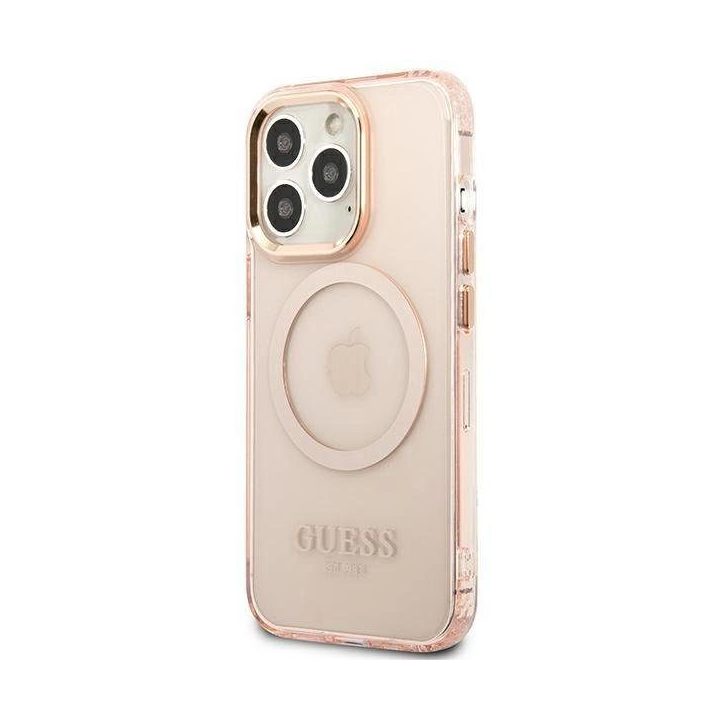 Guess Gold Outline permatomas MagSafe dėklas iPhone 13 Pro Max - rožinis