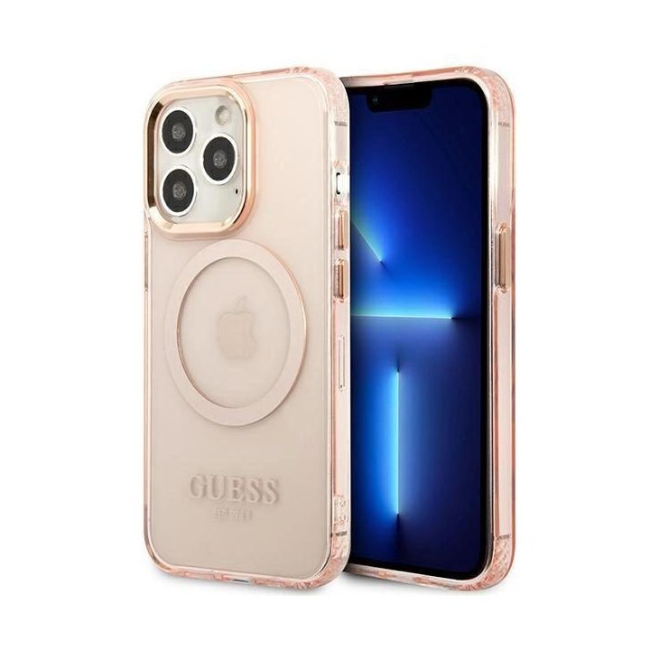 Guess Gold Outline permatomas MagSafe dėklas iPhone 13 Pro Max - rožinis