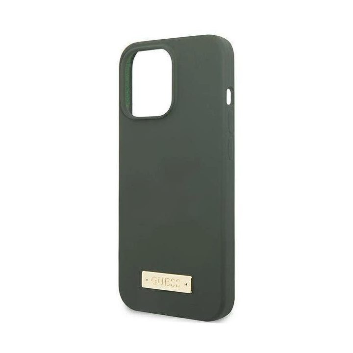Guess GUHMP13XSPLA iPhone 13 Pro Max 6.7 green/khaki deklas Silikoninis logotipas Plokštelė MagSafe